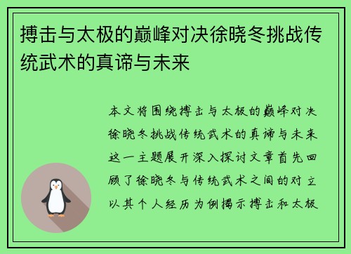 搏击与太极的巅峰对决徐晓冬挑战传统武术的真谛与未来