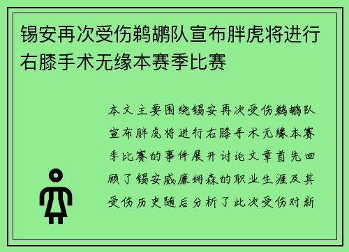 锡安再次受伤鹈鹕队宣布胖虎将进行右膝手术无缘本赛季比赛