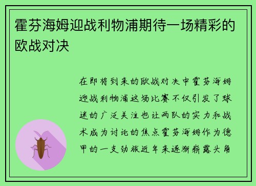 霍芬海姆迎战利物浦期待一场精彩的欧战对决